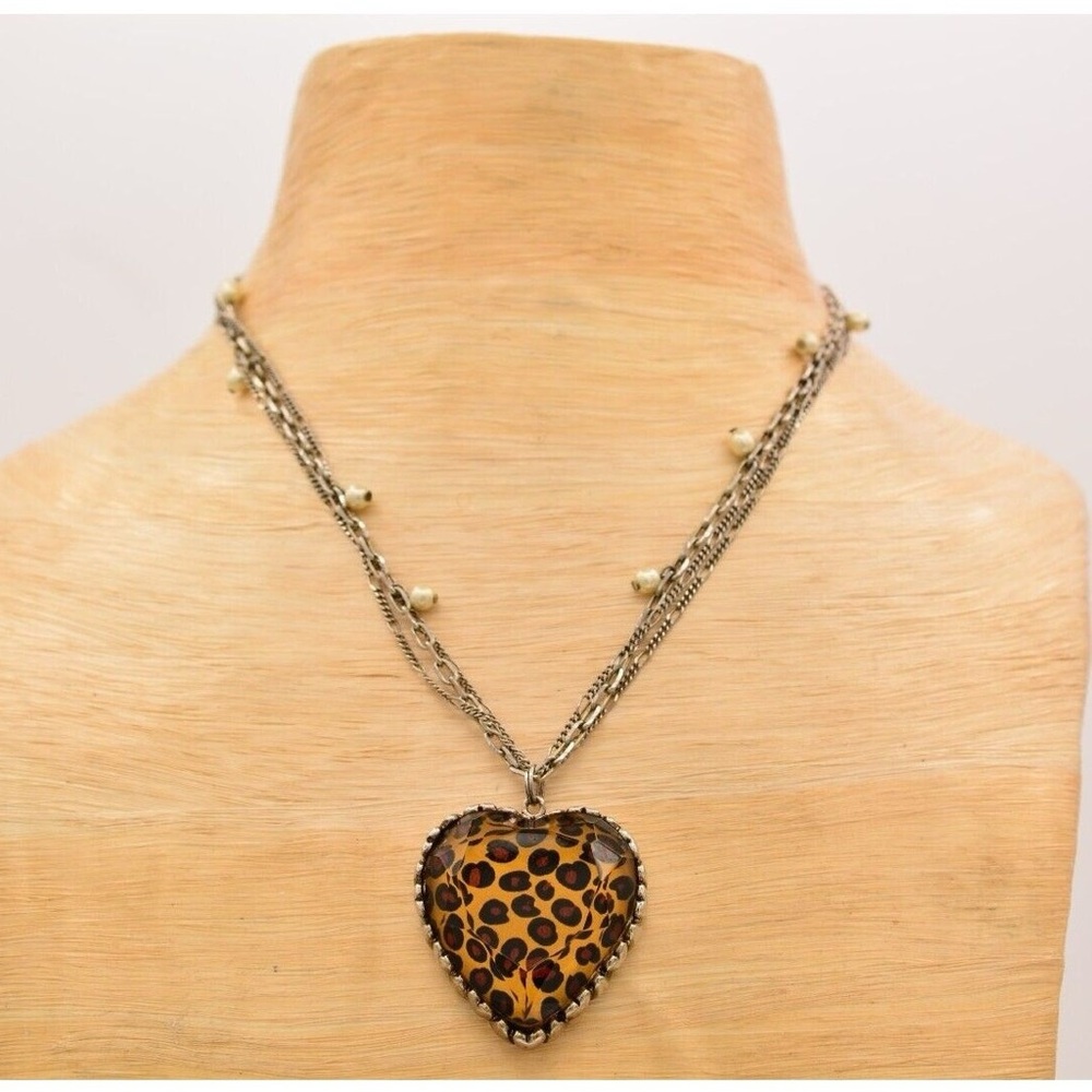 Betsey Johnson Leopard Heart Necklace with Silver Chain